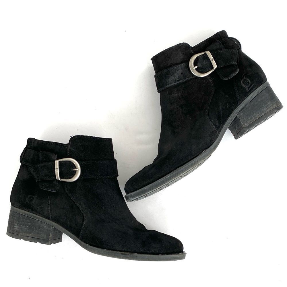 Born Women Black Suede Buckle Heeled Booties Sz 9.5 Boho Chic Western Moto Urban